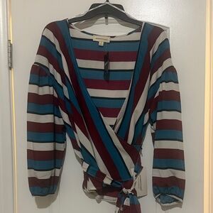 Forever 21 Striped Wrap Blouse in Teal, Burgundy & Cream